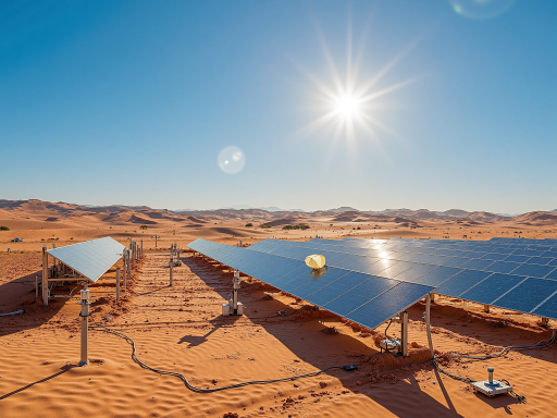 绿色能源发电设施全景,风力发电机和太阳能板阵列整齐排列,蓝天白云下展现可持续发展理念